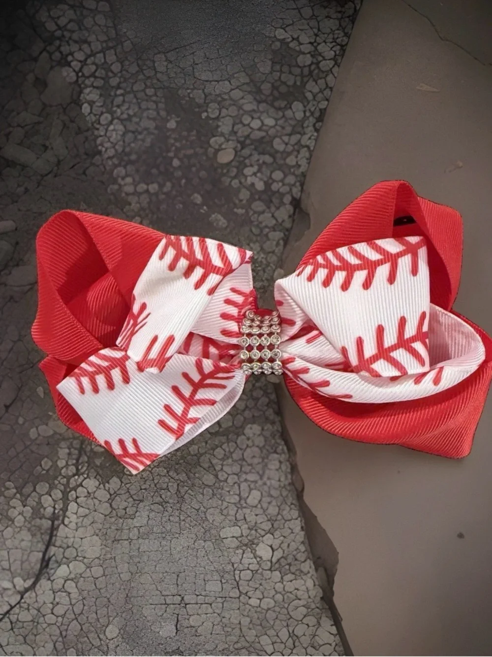 Red & White Baseball Stitch Bow Hair Clip Barrette Girls MLB